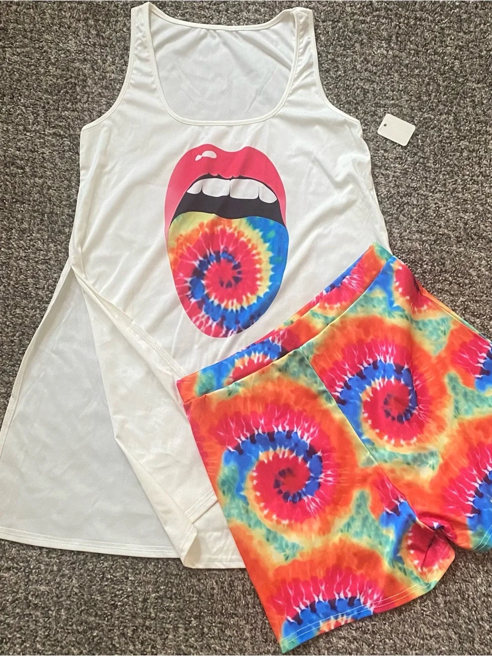 Girls White Tank Top with Rainbow Tie-Dye Shorts Set
